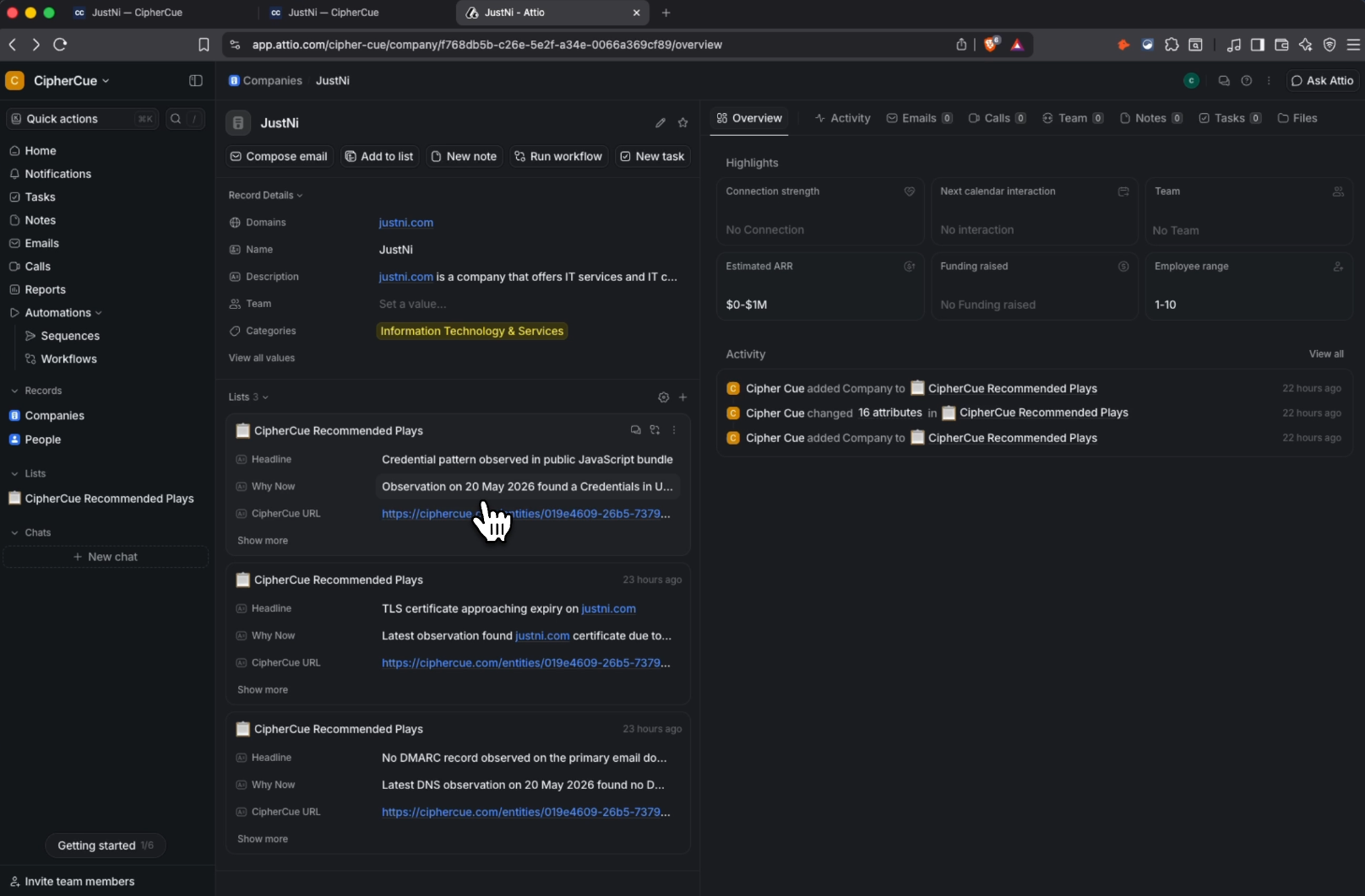Attio company record showing CipherCue Recommended Plays entries with Headline, Why Now, and CipherCue URL fields.