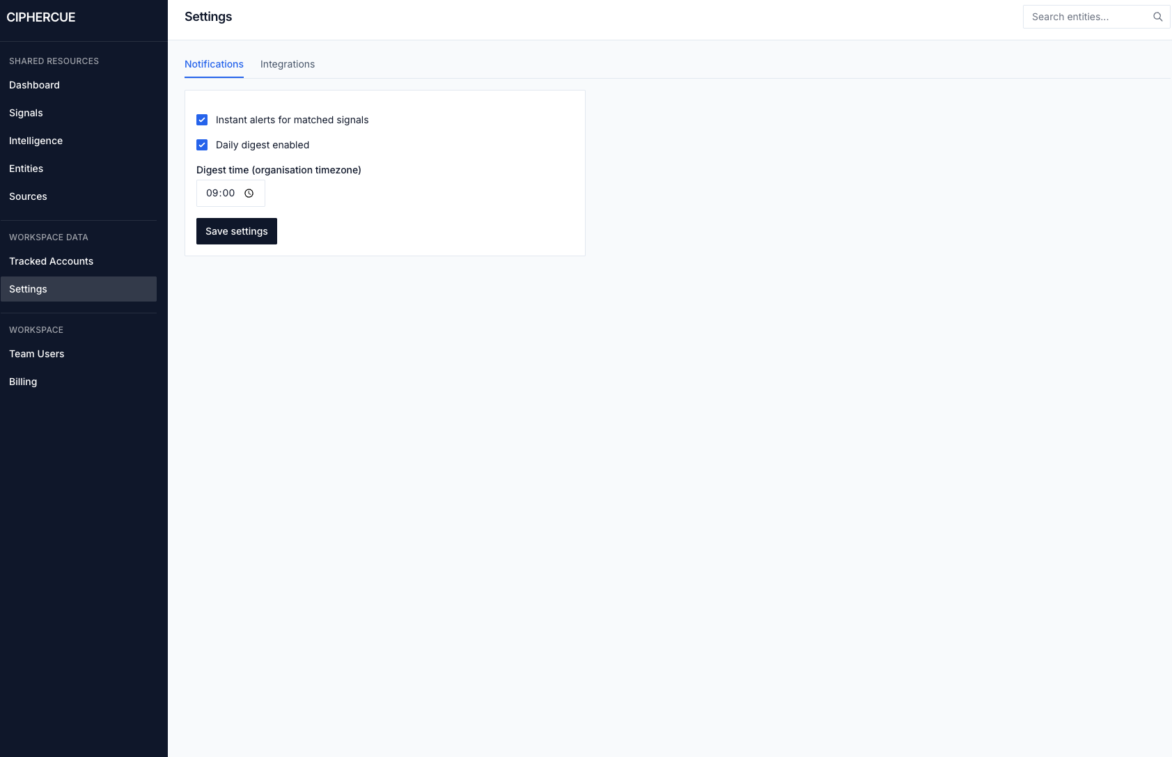 CipherCue settings page with the Notifications tab selected and Integrations shown as the adjacent tab.