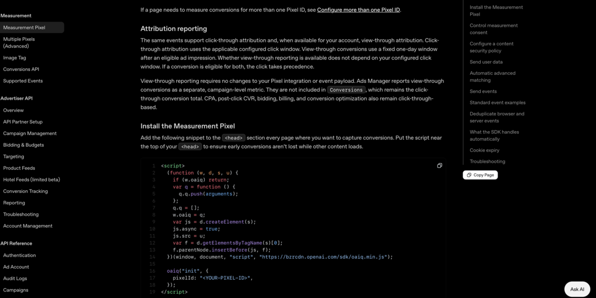 OpenAI's measurement-pixel documentation. The 'Install the Measurement Pixel' snippet calls oaiq('init', ...) with no consent call; 'Control measurement consent' is a separate entry listed below it in the page navigation.