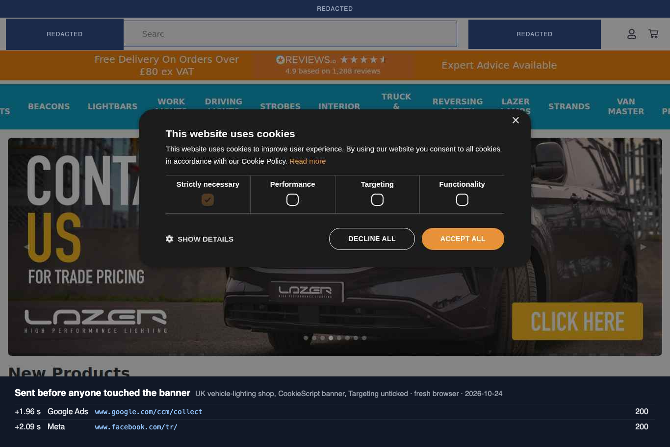 A UK vehicle-lighting shop's CookieScript banner with Targeting unticked and Decline All and Accept All buttons. Below it, a Google Ads page_view at 1.96 seconds and a Meta Pixel PageView at 2.09 seconds, both answered with HTTP 200.