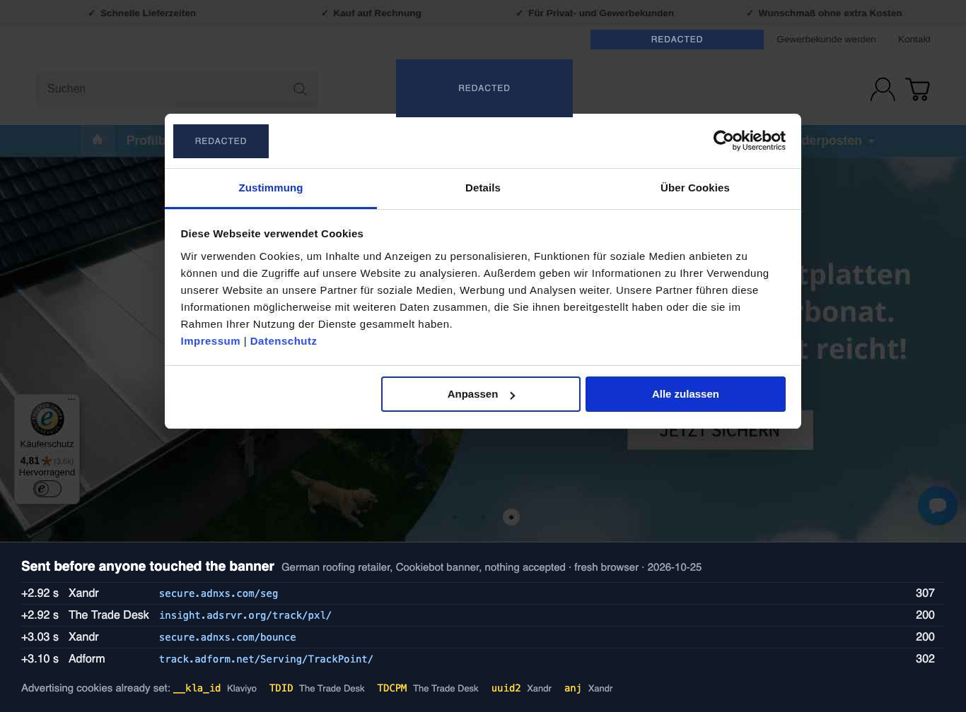 A German roofing retailer's Cookiebot banner with Anpassen and Alle zulassen buttons. Below it, requests to Xandr, The Trade Desk and Adform at about three seconds, and Trade Desk and Xandr identifier cookies already set.