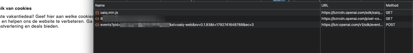 Browser network panel filtered to openai, showing requests to bzrcdn.openai.com/sdk/oaiq.min.js, the pixel-config endpoint, and bzr.openai.com/v1/sdk/events, with the consent banner still visible on the page.