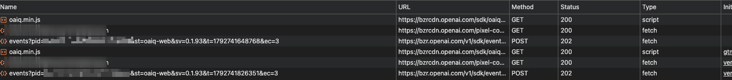 Network panel showing a new bzr.openai.com/v1/sdk/events request after the visitor clicked 'Only necessary cookies' and navigated to another page.